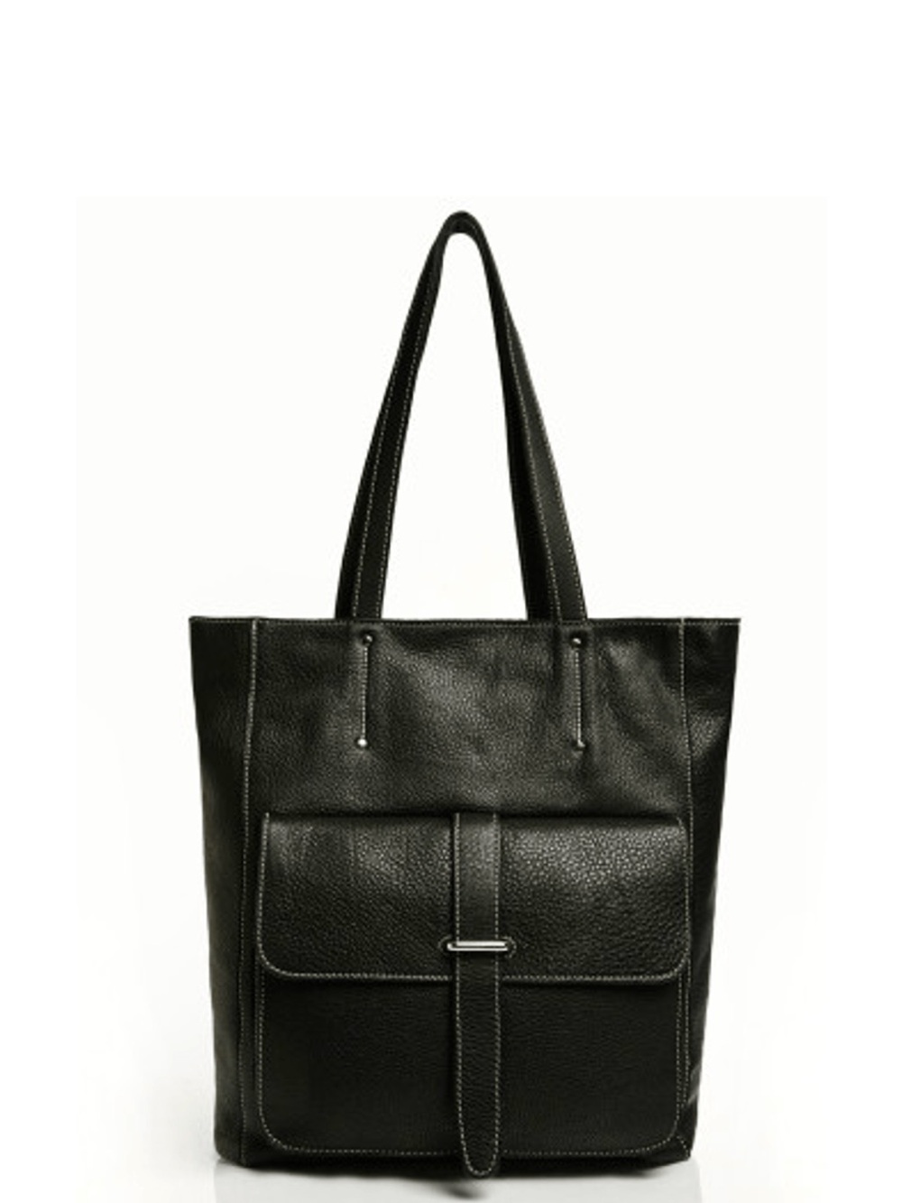 Leather Black Tote with Front Buckle Pocket - Picture 4 of 4